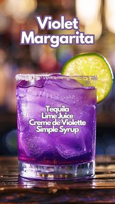 Violet Margarita Purple Margarita Recipe, Purple Tequila Drinks, Violet Margarita, Alcoholic Drinks Purple, Purple Margarita, Purple Whiskey Cocktail, Unique Alcoholic Drinks