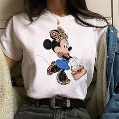 Lasaky - Casual Cartoon Minnie Short-Sleeve Round Neck Pullover Shirt Minnie Mouse Font, White Cheetah Print, Disney T Shirt, Disney Vintage, Y2k Tops, Font A, A B C D, Cartoon Outfits, Floral Print Shirt