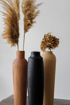 three vases with plants in them sitting on a wooden table next to each other