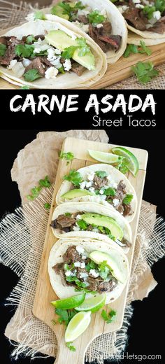 some tacos with meat and avocado are on a cutting board next to the words carne asada street tacos