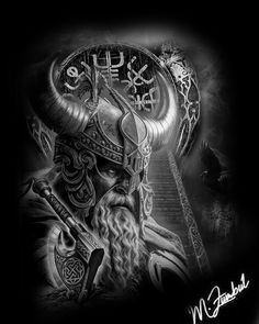 a black and white photo of a viking with a clock on his head