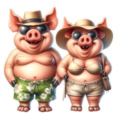 two cartoon pigs wearing swimsuits and sun glasses are standing next to each other