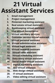 a woman sitting at a desk in front of a computer with the words 21 virtual assistant services