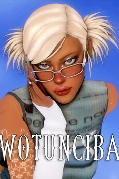 a woman wearing glasses and a white top with the words wotunciba on it