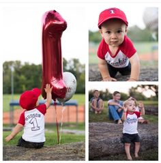 a collage of photos shows a baby holding a baseball bat, and the first photo has a balloon attached to it