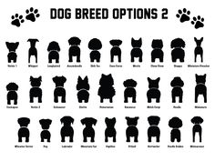 the silhouettes of different breeds of dogs and their names are shown in black on a white background