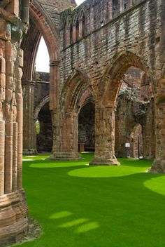 the interior of an old building with green grass on the floor and arches in the wall