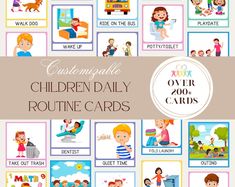 children's daily routine cards with pictures of people and their families on them, including the