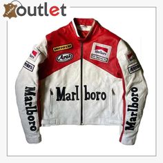 Vintage Marlboro Racing Leather Jacket Introducing the Vintage Marlboro Racing Leather Jacket, a timeless piece for those who appreciate classic racing heritage. Crafted from high quality leather, this jacket not only exudes a rugged charm but also delivers unmatched durability. The iconic Marlboro racing design on the front and back brings a bold, adventurous vibe that captures the spirit of motorsport history. Motorbike Jackets, White Leather Jacket, Racer Jacket, Racing Jacket, Real Leather Jacket, Motorcycle Leather, Creation Couture, Biker Leather, Vintage Leather Jacket