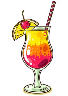 a colorful drink in a glass with a cherry on the rim and a straw garnish