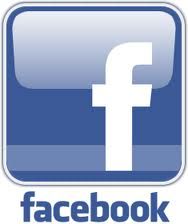 the facebook logo is shown in white on a blue square button with an arrow pointing to it