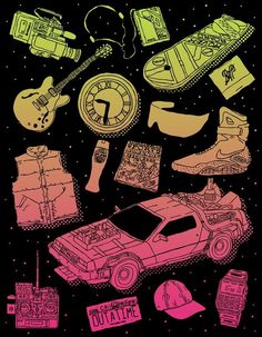 the back to the future poster is shown with various items in pink, yellow and green