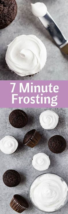 chocolate cookies and cream frosting on top of each other with the words 7 minute frosting