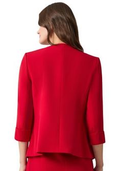 Boasting a classic open-front design, this cardigan from Kasper is finished with rolled-cuff sleeves for a sharp look. | Kasper Women's Rolled Cuff Cardigan, Red, 12 Fitted Cardigan With 3/4 Sleeves For Work, Elegant Open Front Tops For Workwear, Classic Formal Outerwear With 3/4 Sleeves, Elegant 3/4 Sleeve Cardigan For Work, Classic Red Cardigan With Buttons, Classic Red Buttoned Cardigan, Red Long Sleeve Outerwear With Button Closure, Red Fitted Cardigan With Button Closure, Red V-neck Cardigan With Pockets