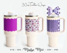 three coffee mugs with bows on them and the words 30 tea tumbler wraps