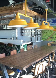 Porcelain Yellow Bomber 2-Light Stem Mount Pendant from Barn Light Electric Black Restaurant, Industrial Cafe, Barn Light Electric, Architecture Restaurant, Architectural Lighting Design, Pub Design, Design Café, Barn Light, Restaurant Lighting