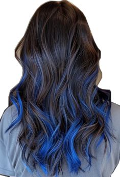 Blue Highlights Straight Hair, Blue Hair With Shadow Root, Blue Hair Tips Brown, Brunette Blue Highlights, Blue Highlights In Dark Brown Hair, Electric Blue Hair Highlights, Elegant Hair Color Ideas, Dark Blue Balayage Hair, Brunette With Blue Highlights