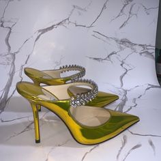 Authentic, New, Never Worn, Jimmy Choo Bing Pumps Size 38 Gold Jimmy Choo Heels, Bing 100 Jimmy Choo, Yellow Jimmy Choo Heels, Jimmy Choo Bing, Metallic High Heels, Gold Stilettos, Jimmy Choo Gold, Jimmy Choo Bridal, Round Toe Pumps