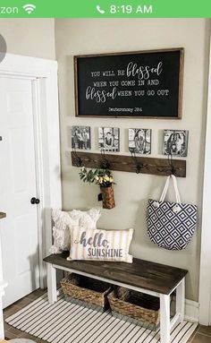 a bench with some baskets on it in front of a door