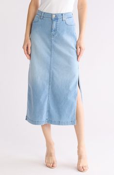 The split seams on the sides ensure a flexible fit for this stretchy cotton-blend maxi skirt, which boasts a chic faded look for an edgy street style. Zip fly with button closure 92% cotton, 4% elastane, 4% polyester Machine wash, dry flat Imported Casual Cotton Maxi Skirt In Medium Wash, Casual Full-length Stretch Denim Skirt, Casual Medium Wash Full-length Maxi Skirt, Casual Medium Wash Full Length Maxi Skirt, Casual Stretch Long Denim Skirt, Casual Long Stretch Denim Skirt, Casual High Rise Medium Wash Maxi Skirt, Spring High Waist Maxi Skirt With Side Slits, Trendy Spring Skirt With Side Slits