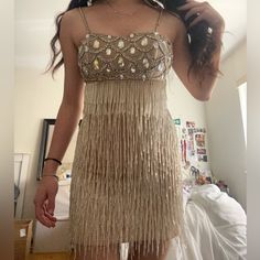 Beautiful Fringe Dress Size 2 Sherri Hill. Got So Many Compliments !!! Worn A Few Times. Perfect Condition. Originally Costed $700 Sherri Hill Dresses, Fringe Dress, Sherri Hill, Colorful Dresses, Size 2, Mini Dress, Womens Dresses, Cream, Silver