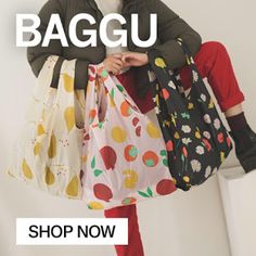 a woman carrying bags with the words baggur on it and an image of her legs in red pants