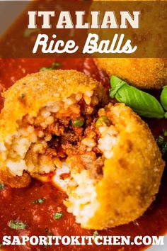 italian rice balls are stuffed with meat, cheese and spinach in a tomato sauce