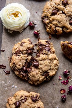 chocolate chip cookies with white flower and petals