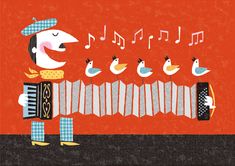 an illustration of a man playing the accordion with birds and music notes on it's strings