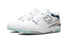 The Women’s New Balance 550 "White/Winter Fog" is a women’s-exclusive colorway of the classic basketball and casual shoe with an easy-wearing style.  The upper features a white leather base with Winter Fog colored accents.  A white “N” logo with navy trim appears on the sides while black outline “550” detailing is seen on the forefoot.  More navy accenting is seen on the leather overlay on the collar.  “New Balance” branding is located on the heel and tongue.  Release date: September 20, 2023 White New Balance Skate Shoes For Streetwear, New Balance White Basketball Shoes For Light Sports, White New Balance Basketball Shoes For Streetwear, New Balance 550 White, Balance Branding, N Logo, Balance 550, Wearing Style, Stadium Goods