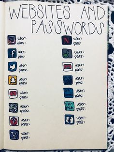 an open book with the words, website and passwords written in black on it