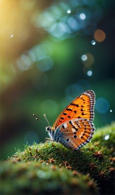 an orange and black butterfly sitting on top of a moss covered ground with drops of water