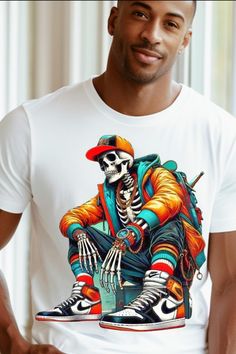 Cool Urban Skeleton Man T-shirt, Trap Shirt, Streetwear Skull Gangster Gangsta Street Trendy Hip Hop Rapper Concert Shirts for Mom Dad Teens