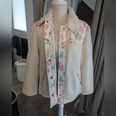 Cream And Floral Coach Jacket Nwt Size Xs A Little Oversized So Could Fit Small Spring Coach Outerwear With Pockets, Winter Coach Fitted Outerwear, Coach Long Sleeve Fitted Outerwear, Coach Sherpa Jacket, Cream Coach Shoulder Bag With Zipper Closure, Teddy Jacket, Coach Jacket, Jackets & Coats, Jackets For Women