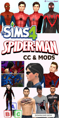 an image of the front cover for the game sims 4 spiderman cc and mods