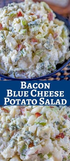 bacon blue cheese potato salad is shown in two separate images, with the same side dish