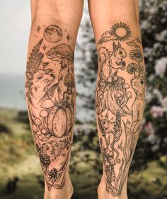 Girly Arm Tattoos Sleeve, Botanical Calf Tattoo, Woodland Leg Sleeve Tattoo, Woodland Animal Tattoo Sleeve, Woodland Creatures Tattoo Sleeve, Forest Animal Tattoos For Women, Animal Tattoo Sleeve Women, Woodland Sleeve Tattoo, Woodland Animal Tattoo