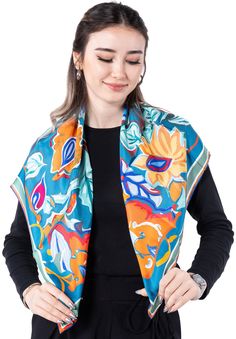 Size: 90x90 cm/ 35x35 inch Edges: Hand-Rolled  As this scarf is hand-rolled, the dimensions indicated may vary. This latino large square scarf is made of 100% Mulberry silk twill. With perfect combination of green, blue and orange colors, the scarf is a perfect item for bringing in some personal character to your daily outfit throughout the whole year. You can  tie it on your head as a head wrap or wear it around your neck as neckerchief to keep you warm; or use it as a bag accessory to decorate Multicolor Shawl-style Headscarf, Silk Scarf With Floral Print, Multicolor One Size Shawl Headscarf, Large Square Scarf, Ladies Head Scarf, Magical Accessories, Scarf Square, Scarf Head, Scarf Top