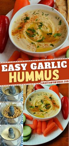 an easy garlic hummus recipe with carrots, celery and other vegetables