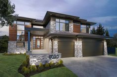 this is an artist's rendering of a two story house with stone and wood accents