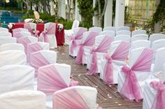 rows of white chairs with pink sashes and bows