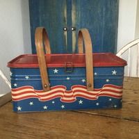 an old suitcase with american flag painted on the side and handles sitting on a wooden table