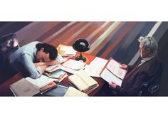 two people sitting at a table with books and papers in front of them, one is asleep