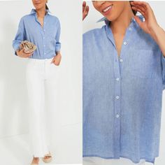 The Perfect Work Shirt (Whether You're At Home Or In The Office) The Adair Top Is An Updated Take On Your Go-To Button Down, In A Sweet Pale Blue Chambray Color And Finished With A Relaxed Fit, You'll Never Want To Take It Off. Wear It On Its Own Or Under A Sweater For A Preppy-Chic Look, Perfect For Desk To Drinks, You'll Wear This Style All Year Long! Approximate Measurements Flat: Pit To Pit: 22” Shoulder To Hem: 25”-27” New With Tags Classic Blue Tops For Vacation, Blue Linen Tops For Daywear, Chic Blue Linen Shirt, Preppy Chic, Linen Color, Boyfriend Shirt, Work Shirt, Work Shirts, Pale Blue