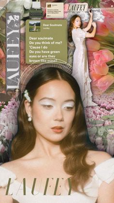 a woman with long brown hair wearing a white dress and flowered headband in front of a floral background