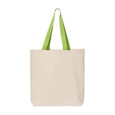 a white tote bag with green handles on the front and bottom, against a white background