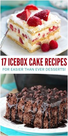 four different desserts on plates with the title text overlaying 17 icebox cake recipes for easier than ever desserts