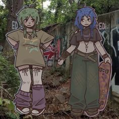 two anime characters standing next to each other in front of graffiti covered walls and trees