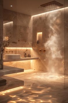 a modern bathroom with steam coming out of the shower head and lighting on the walls