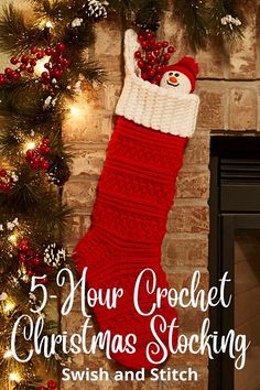 a christmas stocking hanging from a fireplace with the words 4 your crochet christmas stockings